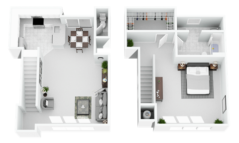 A white floor plan of a two-story house with a living room, kitchen, and bathrooms.